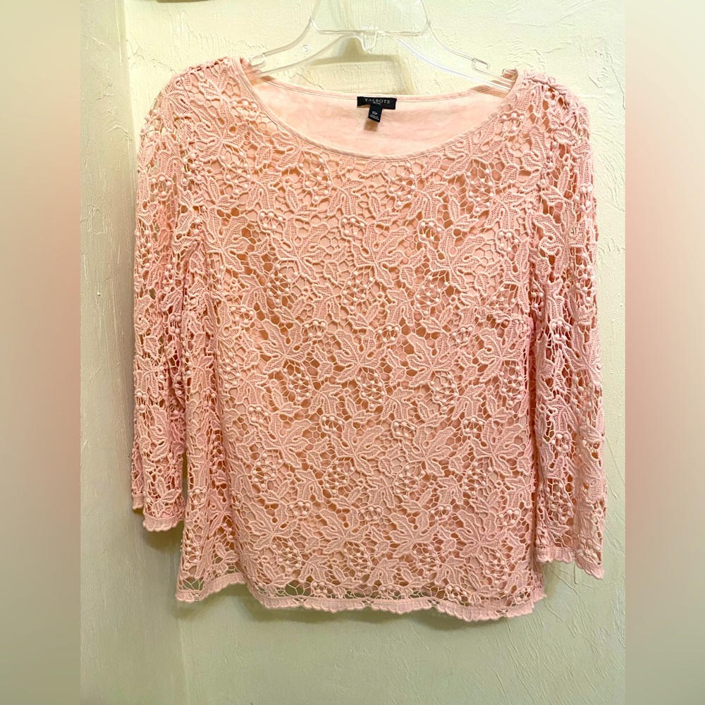 Talbots Petite Size 10P Pink Lace Overlay Cotton Lined Top